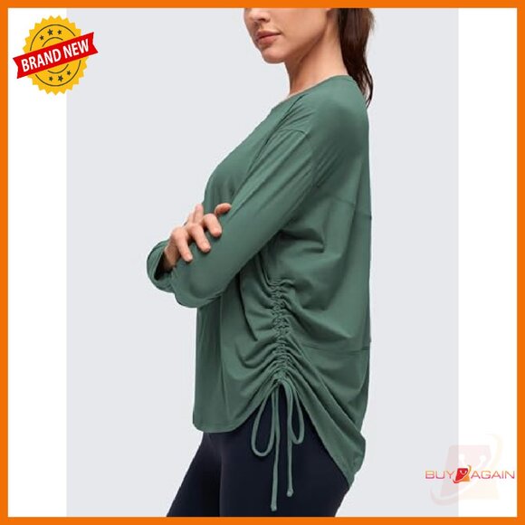 Pima Cotton Long Sleeve Yoga Top with Side Ruched Drawstrings - Picture 5 of 5